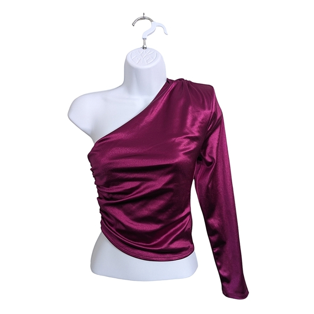 Express Purple Satin One Shoulder Long Sleeve Asymmetrical Top Ruched Draped XS